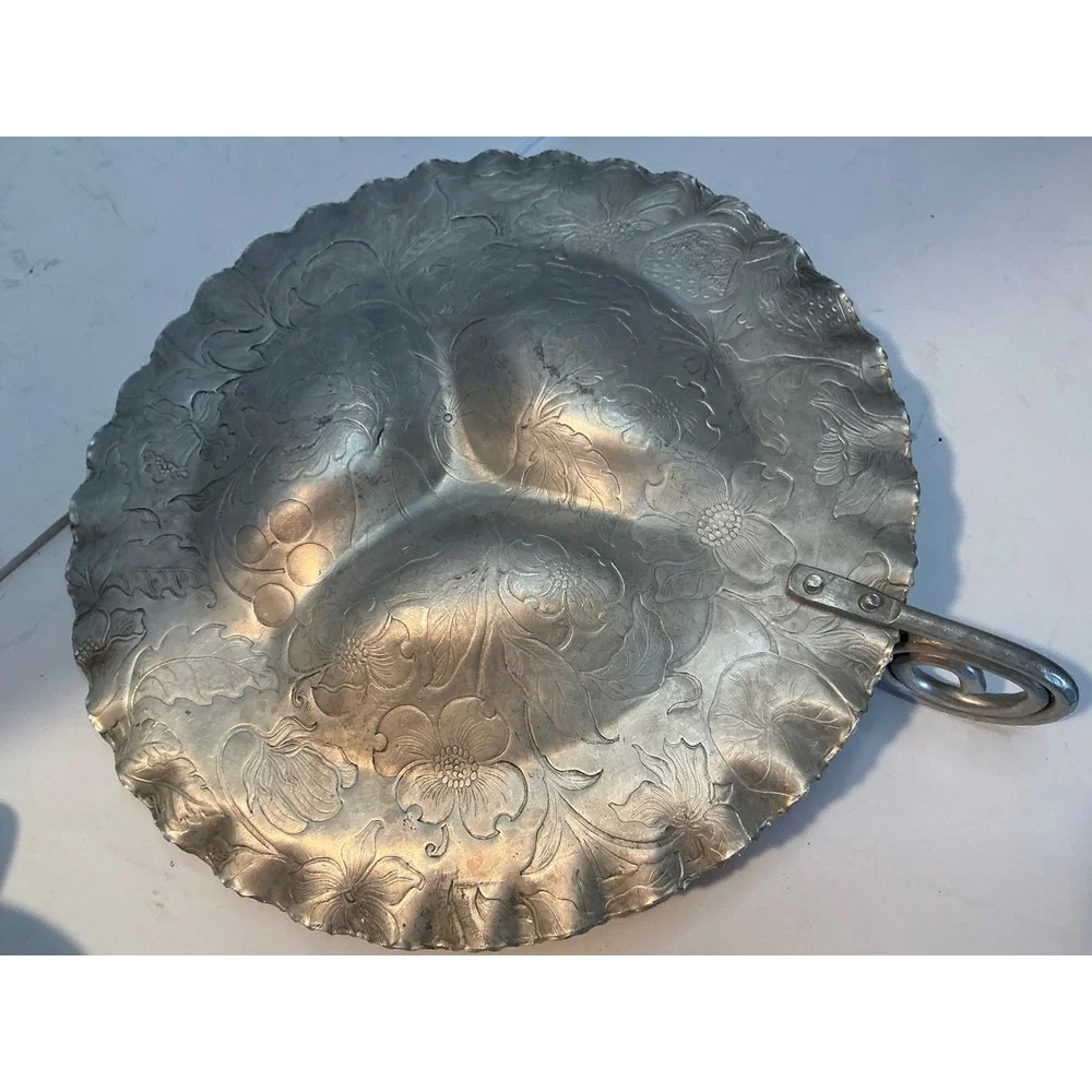 Vintage Aluminum Serving Set Floral Hammered Metal Trays Mid Century